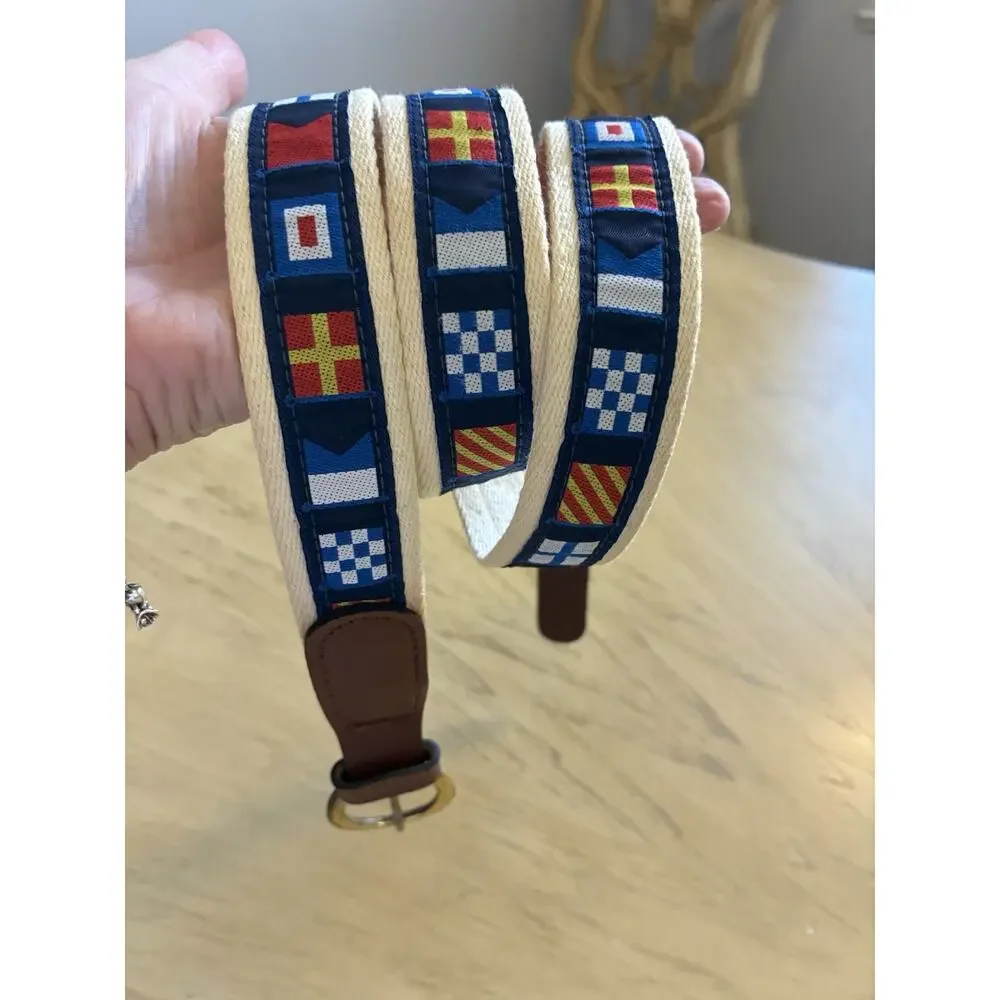 Vtg YRI Nautical Code Flag Canvas Leather Belt Brass Buckle Men 44 Maritime USA